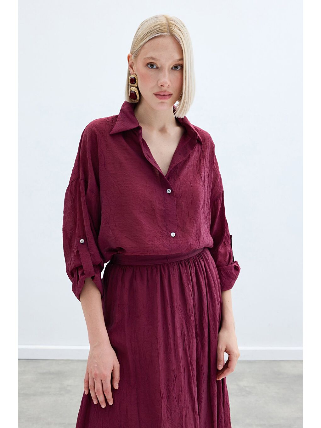 Kol Detaylı Salaş Gömlek - Bordo-3