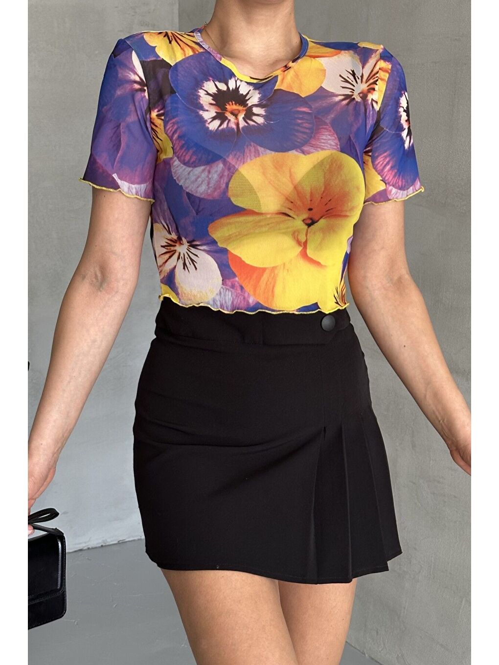 Mor Kadın Bisiklet Yaka MOR Çiçek Desenli Kısa Kollu Bluz-2