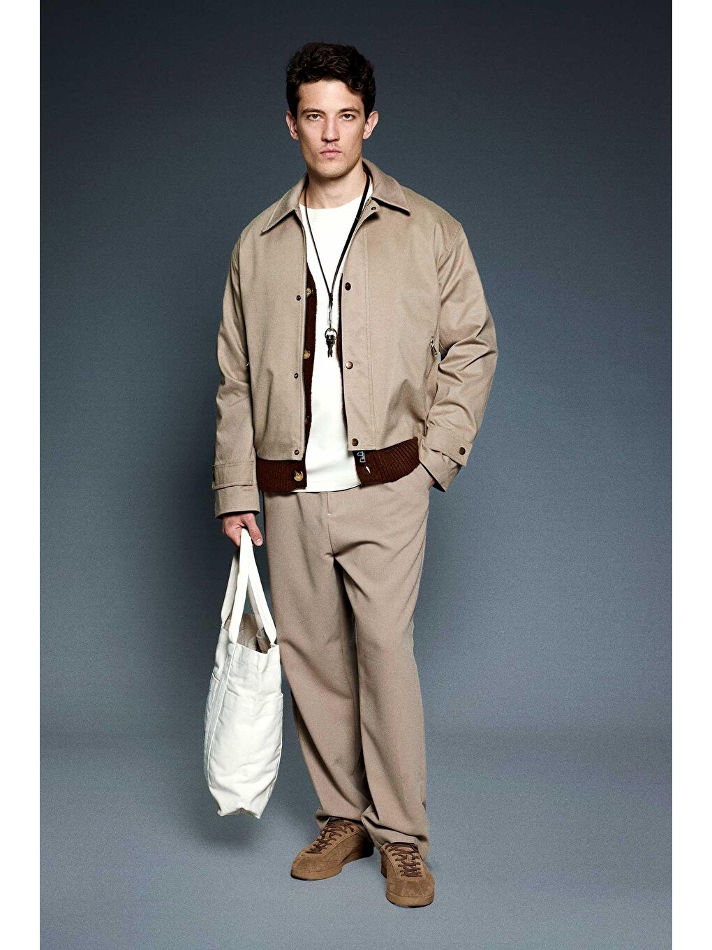 Erkek Boxy Fit Geniş Kesim Kontrast Yaka Premium Ceket Bej-4