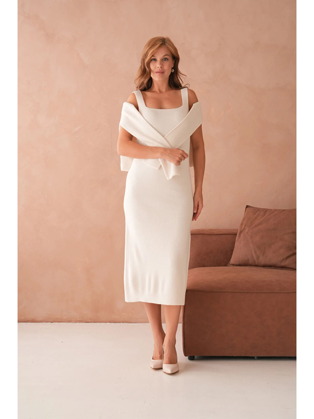 Ekru Kadın Bisiklet Yaka Düğme Detay Dokulu Ceket Elbise İkili Triko Takım-4