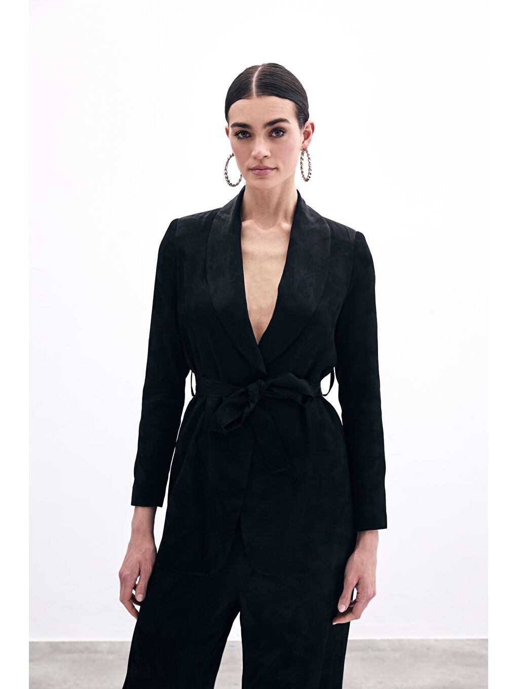 Bağlamalı Jakarlı Ceket - Siyah-3