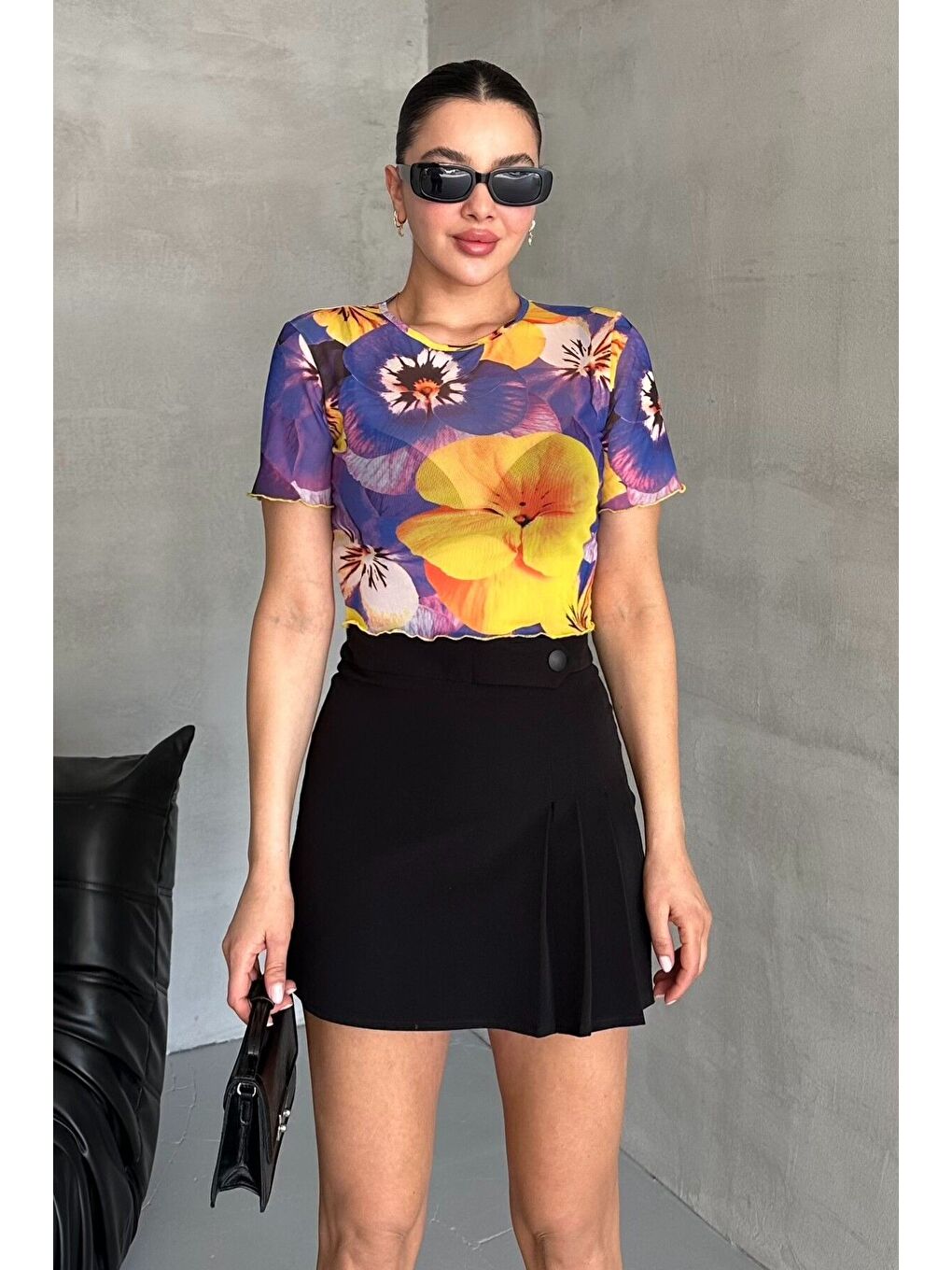 Mor Kadın Bisiklet Yaka MOR Çiçek Desenli Kısa Kollu Bluz-3