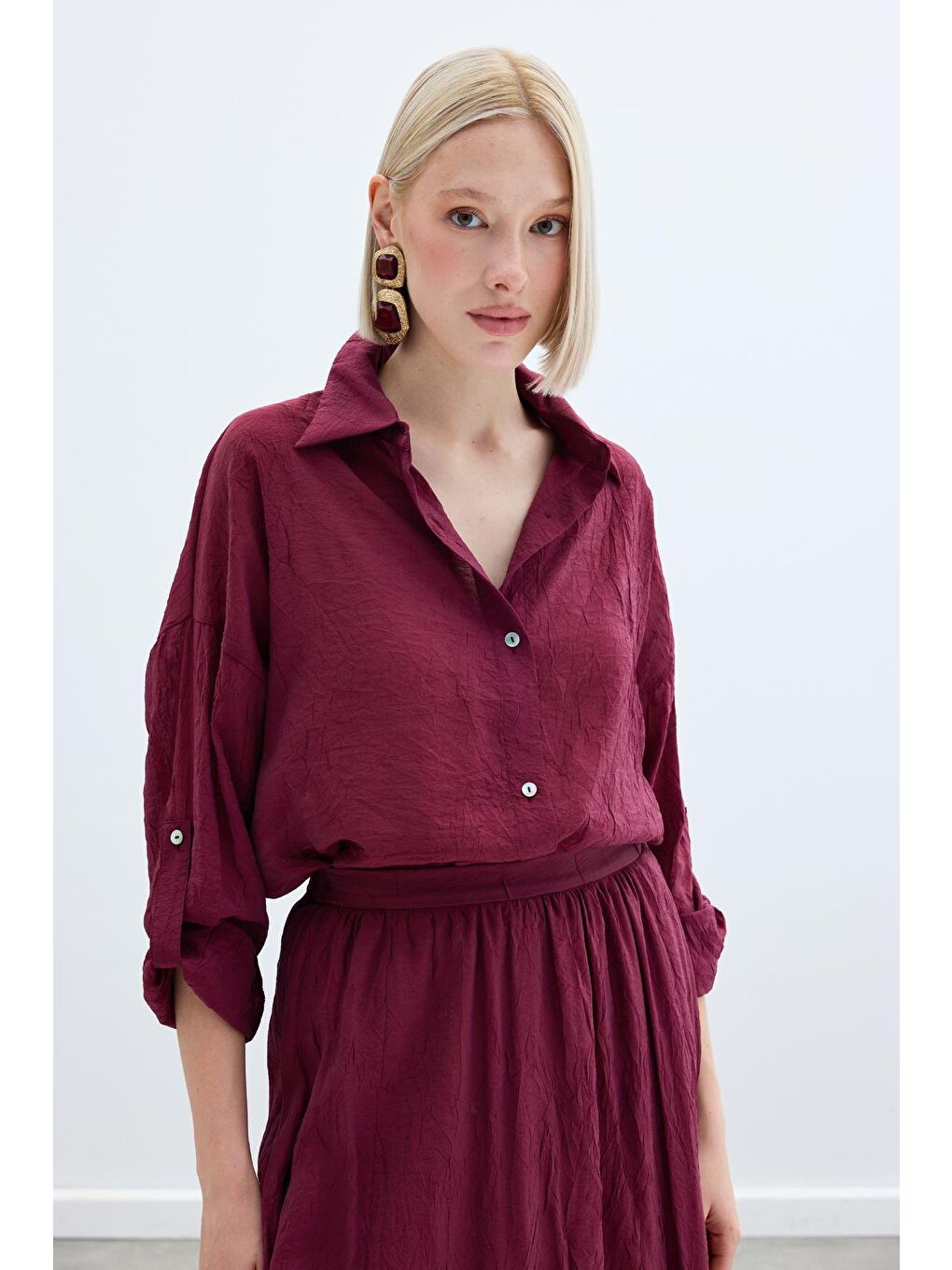 Kol Detaylı Salaş Gömlek - Bordo-4