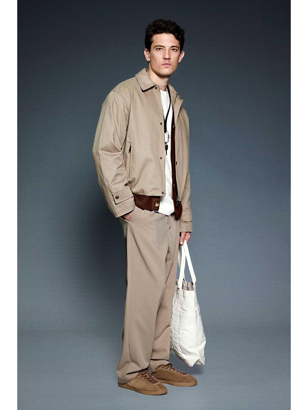 Erkek Boxy Fit Geniş Kesim Kontrast Yaka Premium Ceket Bej-5