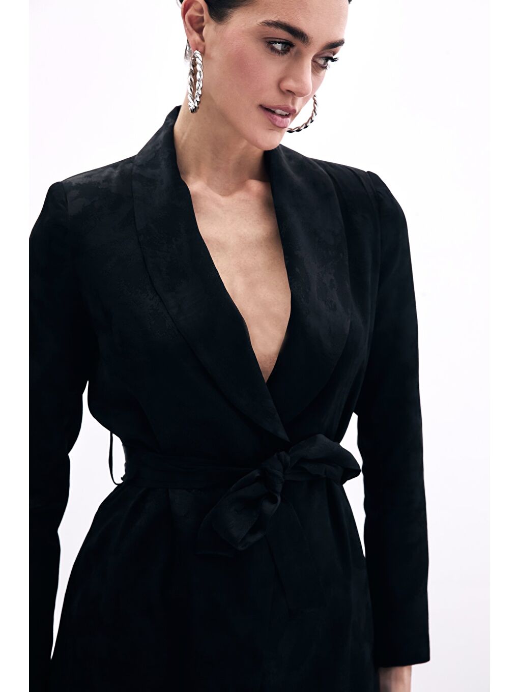 Bağlamalı Jakarlı Ceket - Siyah-4