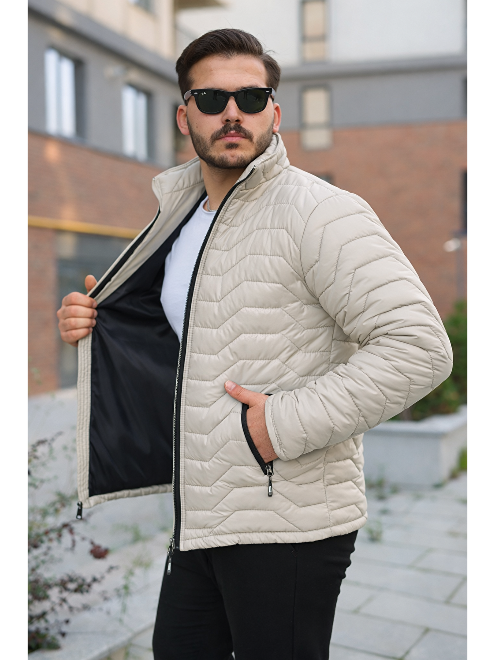 Ekru Erkek Kışlık Fermuarlı Günlük Kapitone Krem Şişme Mont-2