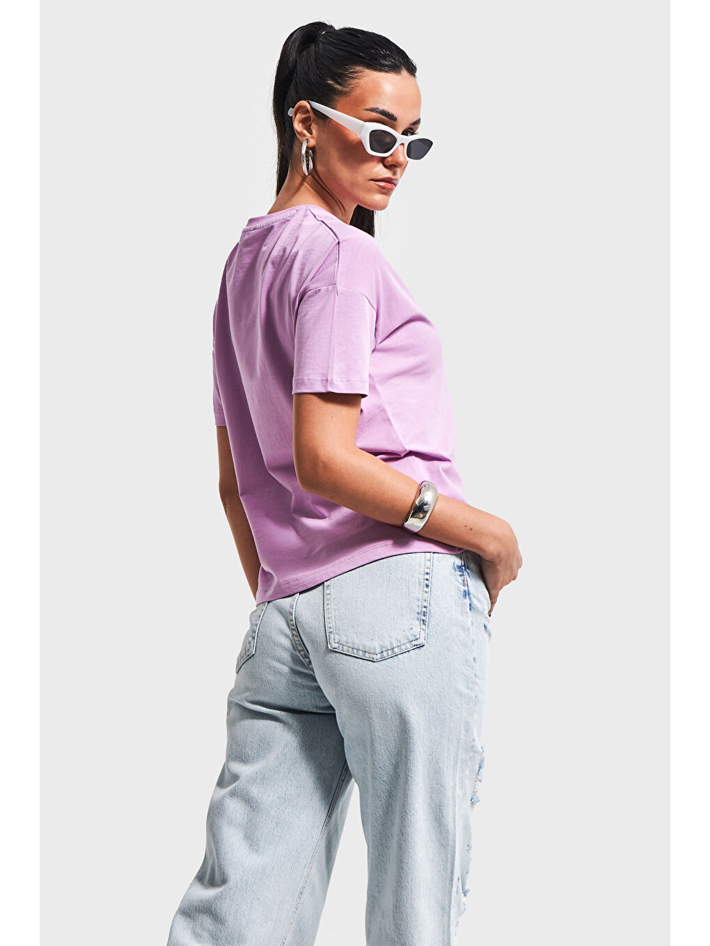 Kadın Lila Renk S5 Bisiklet Yaka Basic T-Shirt-3