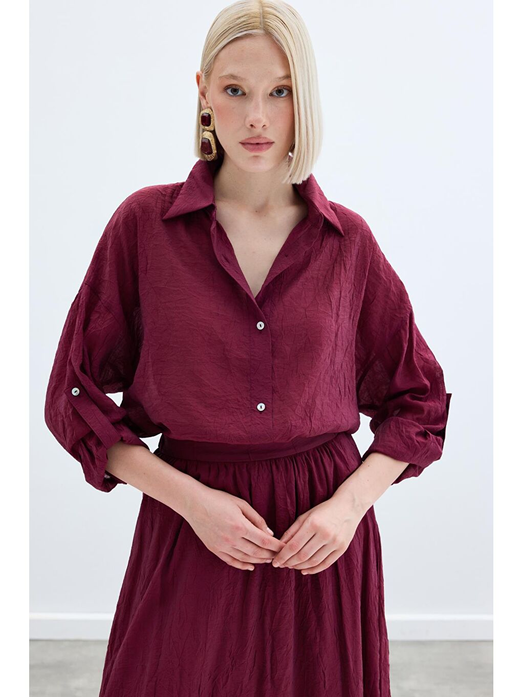 Kol Detaylı Salaş Gömlek - Bordo-5