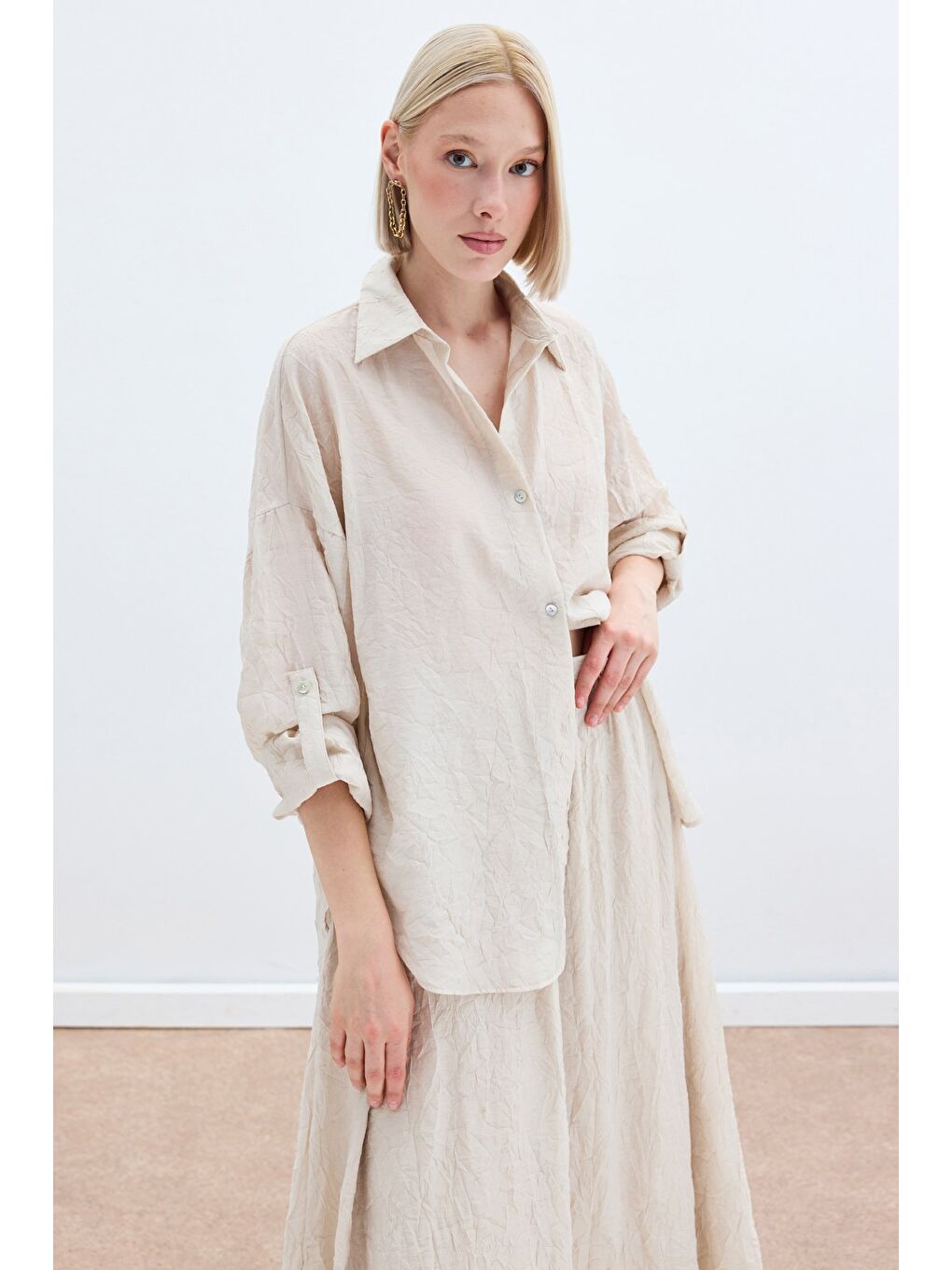 Kol Detaylı Salaş Gömlek - Bej-1