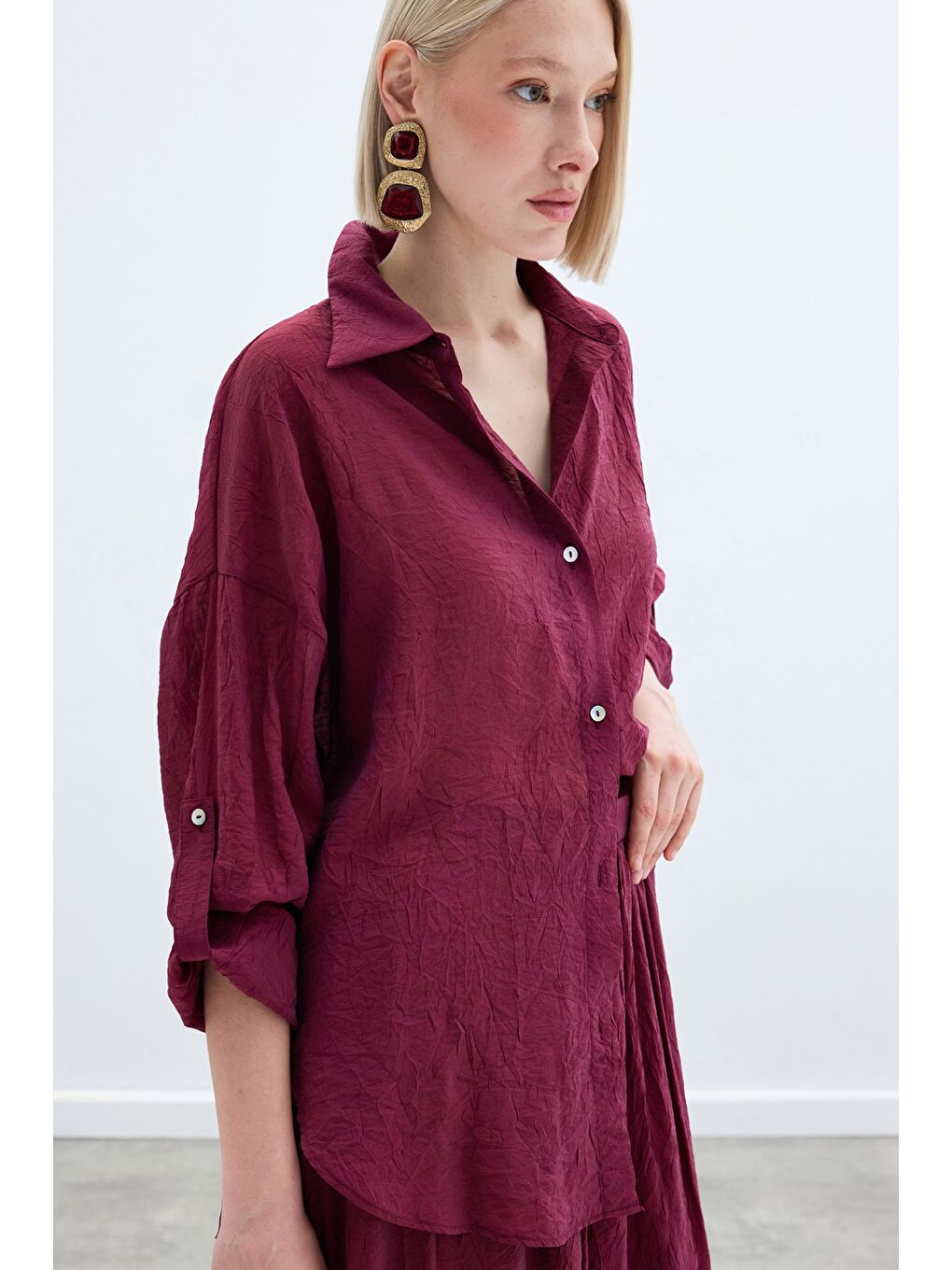 Kol Detaylı Salaş Gömlek - Bordo-6