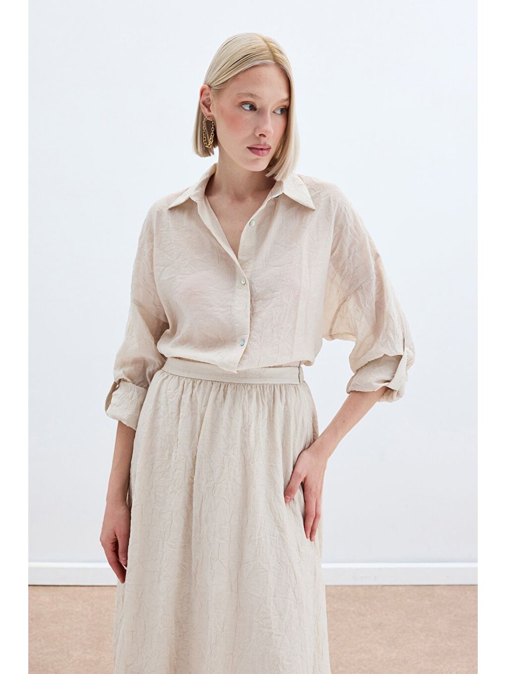 Kol Detaylı Salaş Gömlek - Bej-2