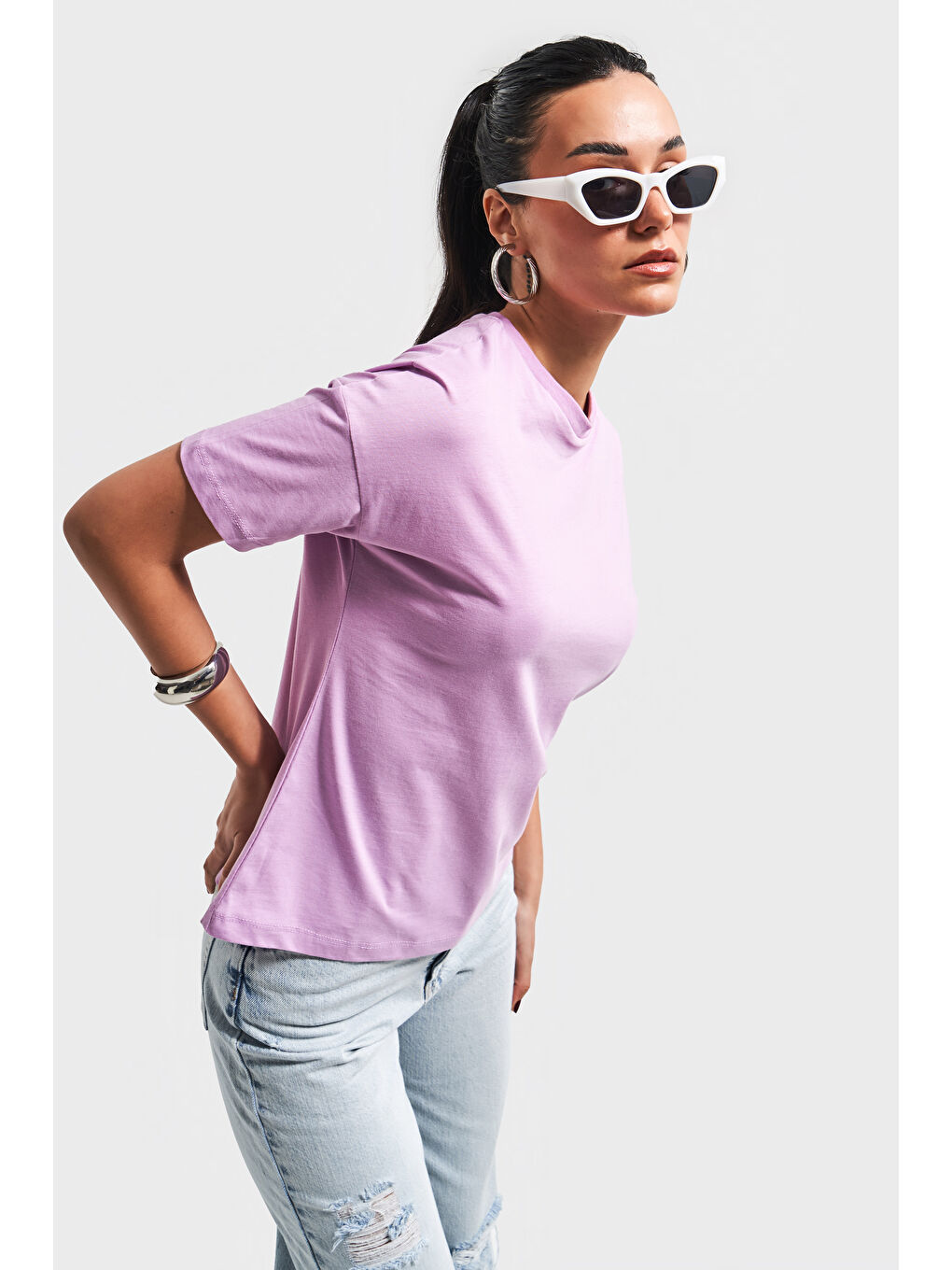 Kadın Lila Renk S5 Bisiklet Yaka Basic T-Shirt-4