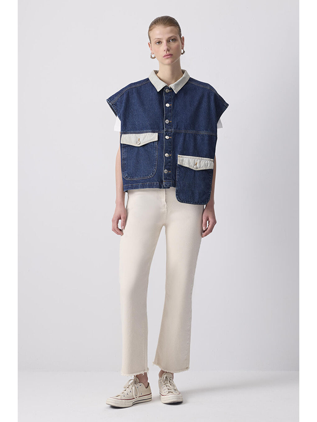 Mavi Cep Detaylı Denim Yelek