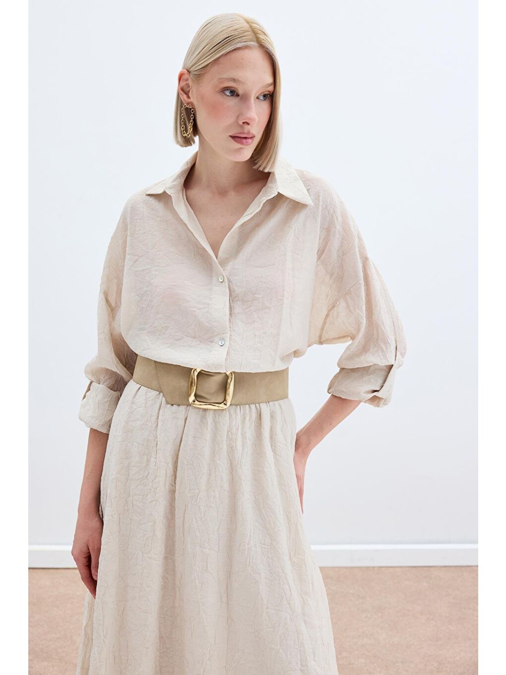 Kol Detaylı Salaş Gömlek - Bej-3