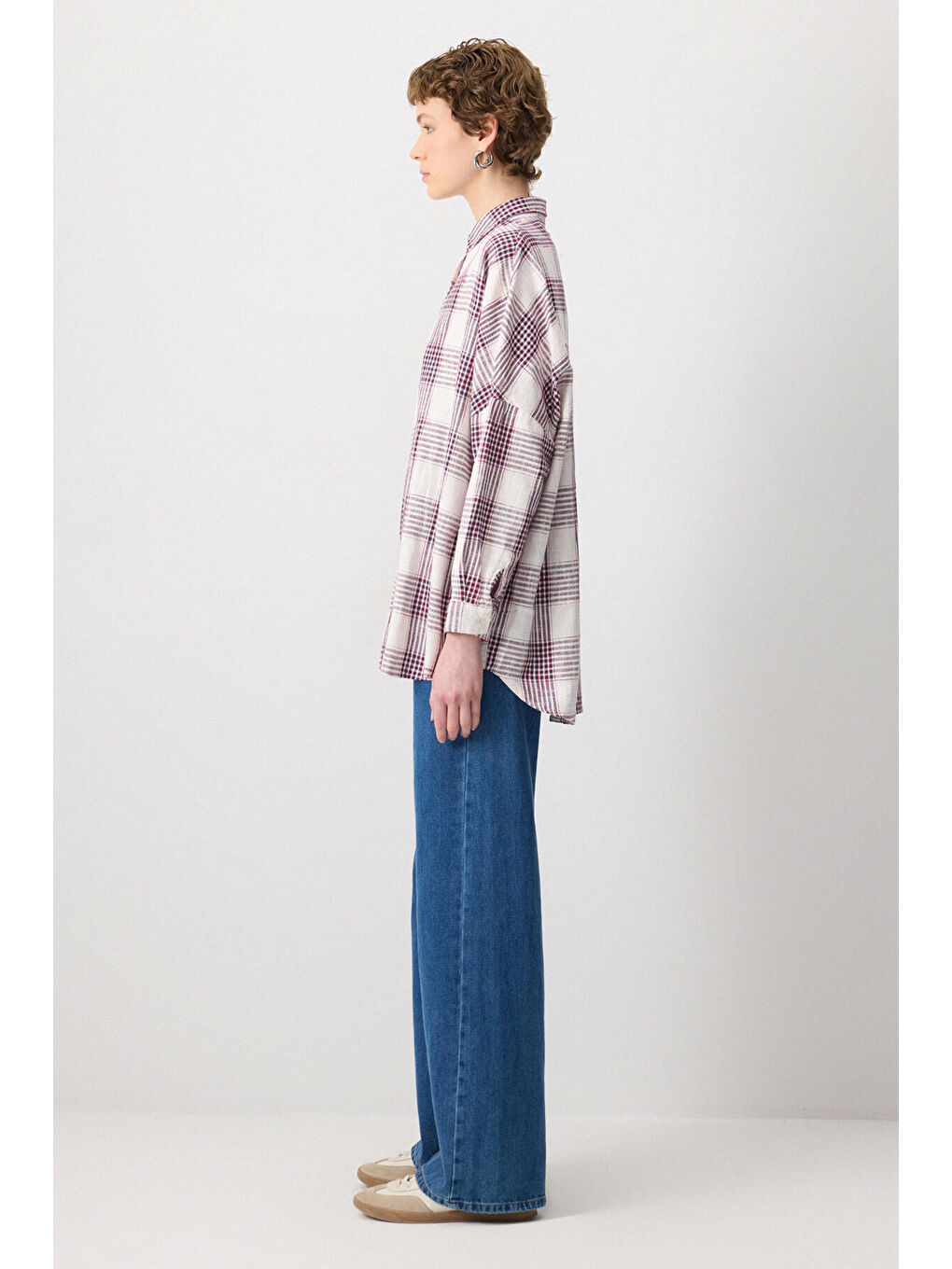 Bordo %100 Pamuklu Ekoseli Oversıze Gömlek-2