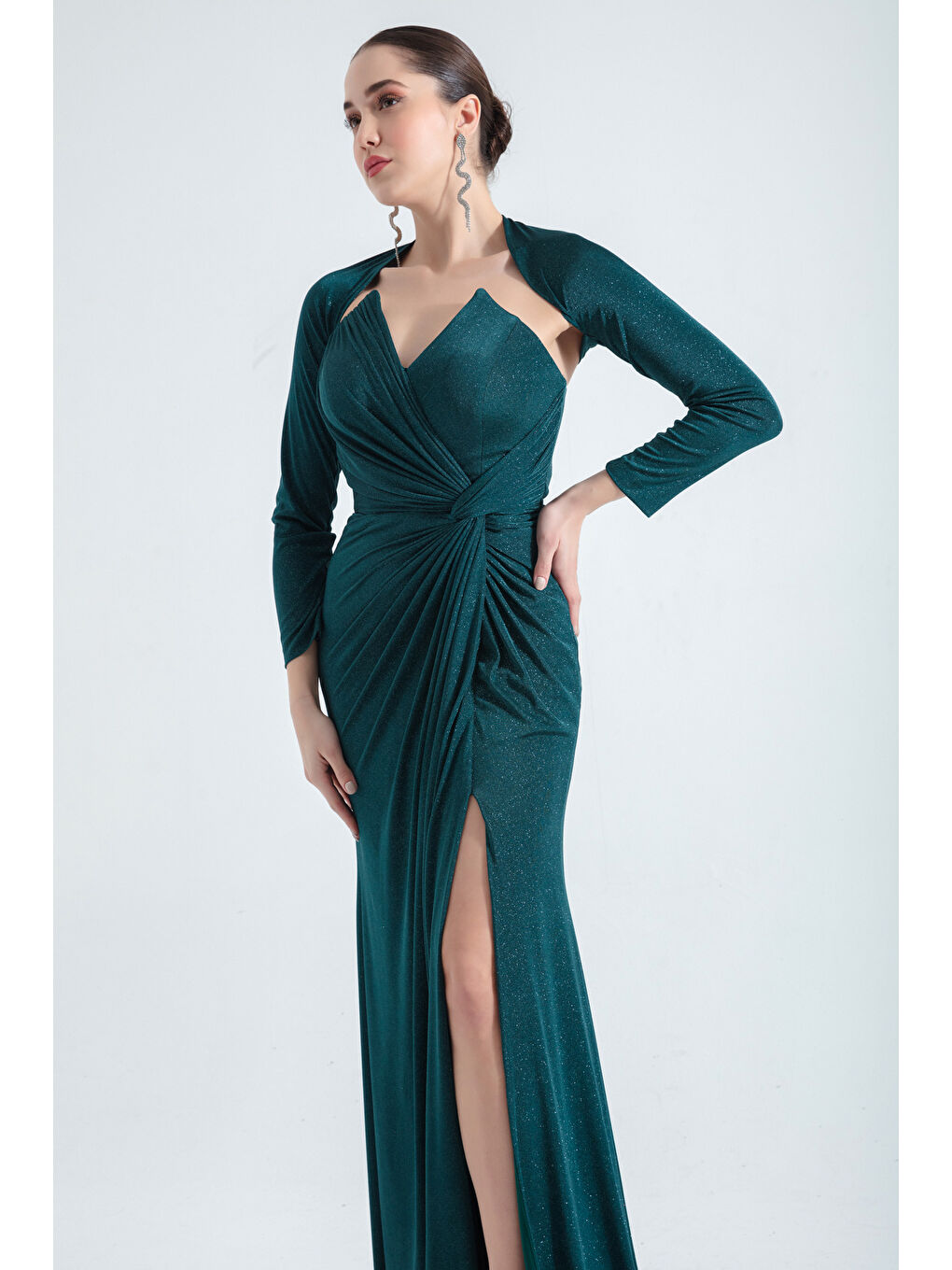 Kadın Zümrüt Yeşili Balen Korseli Simli Uzun Abiye Elbise-1