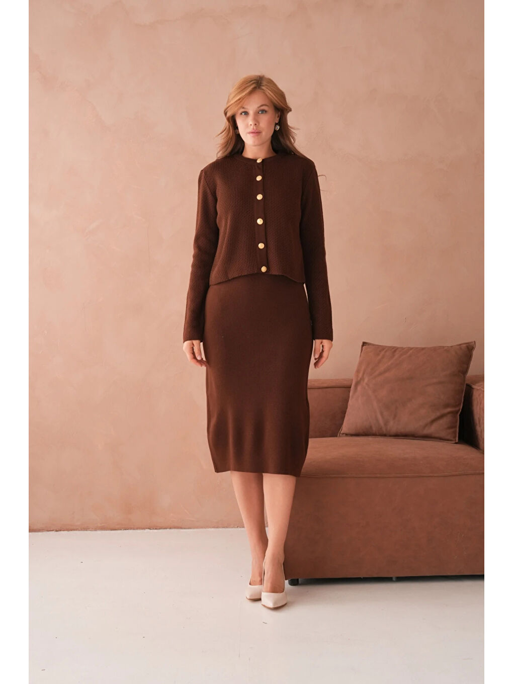 Kahverengi Kadın Bisiklet Yaka Düğme Detay Dokulu Ceket Elbise İkili Triko Takım