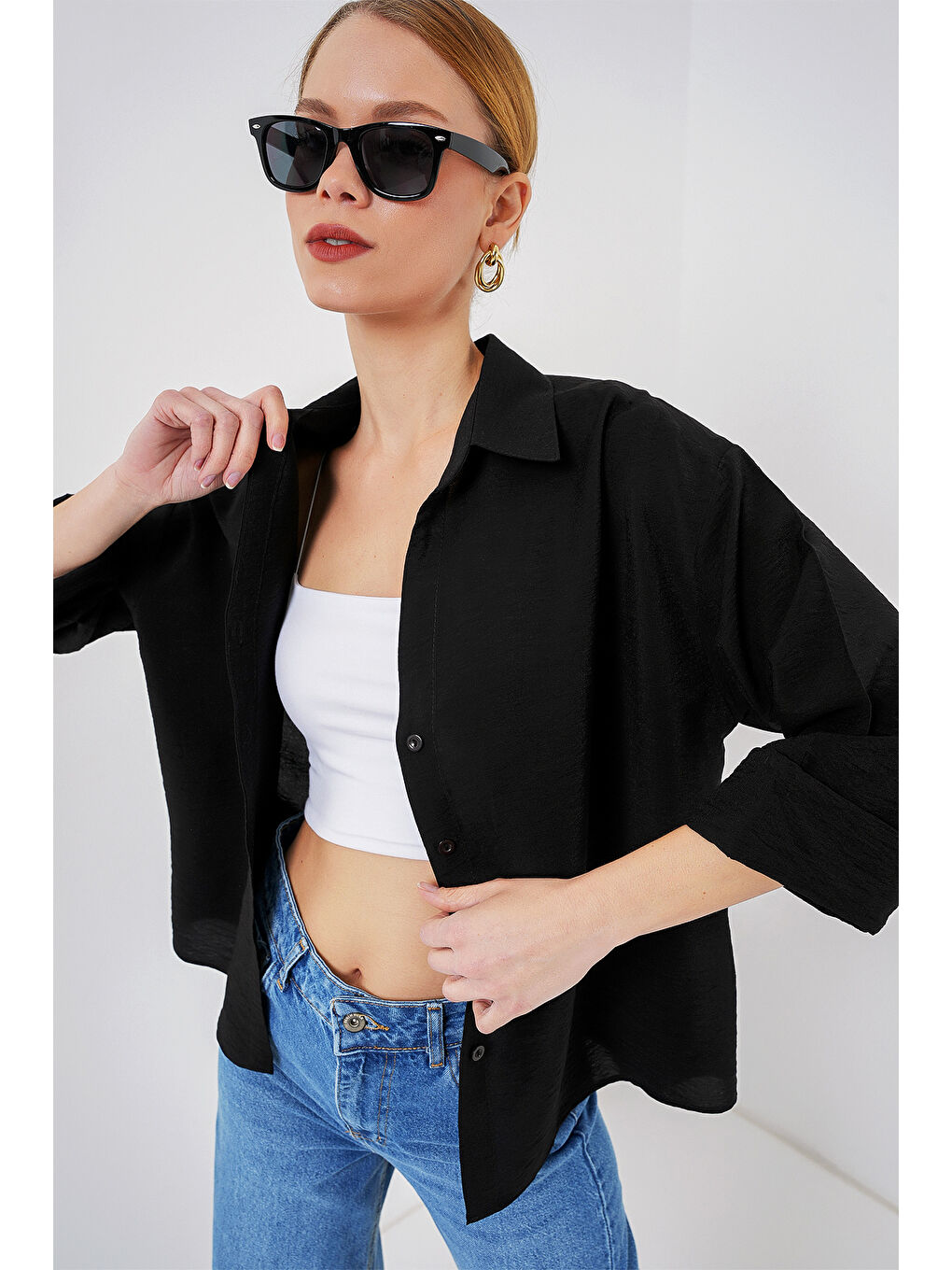 Kadın Oversize Kısa Kol Gömlek 20315 - Siyah-1