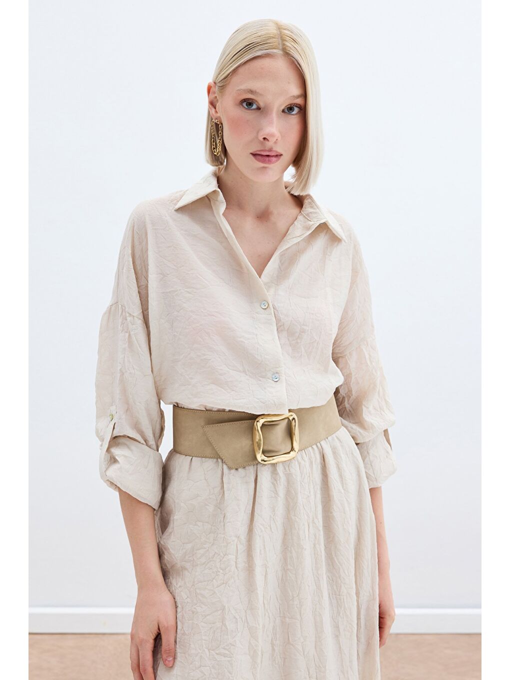 Kol Detaylı Salaş Gömlek - Bej-4