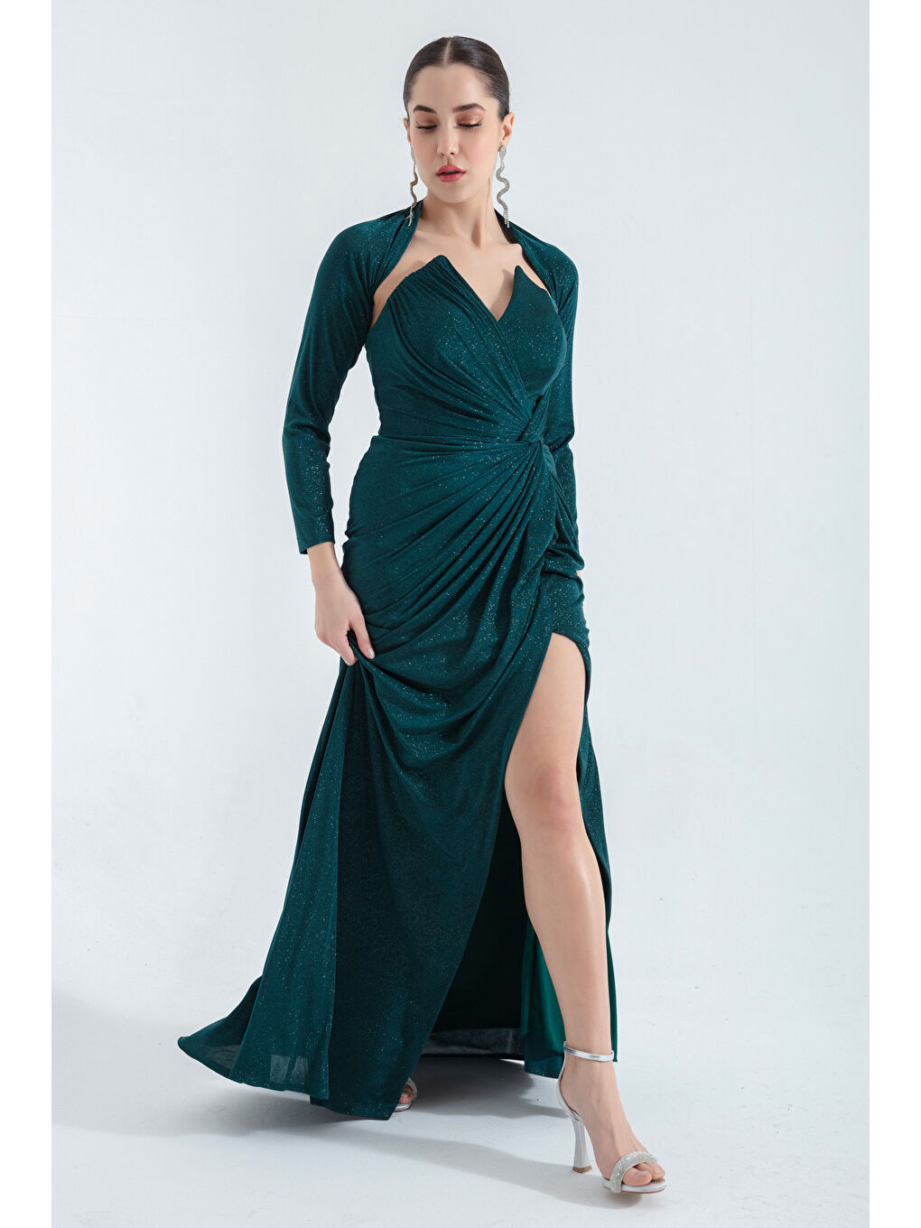 Kadın Zümrüt Yeşili Balen Korseli Simli Uzun Abiye Elbise-2