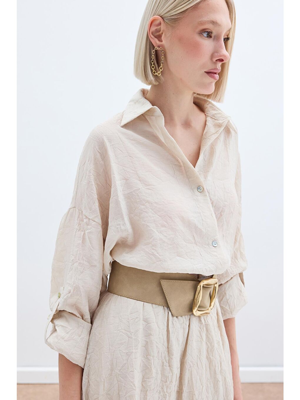 Kol Detaylı Salaş Gömlek - Bej-5