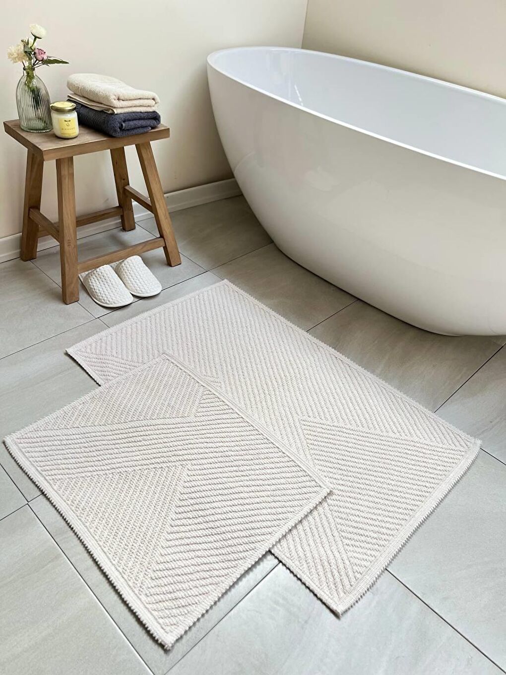 Moana Doğal Pamuklu 2'li Banyo Paspas Seti 60x100+50x60 Cm - Ekru