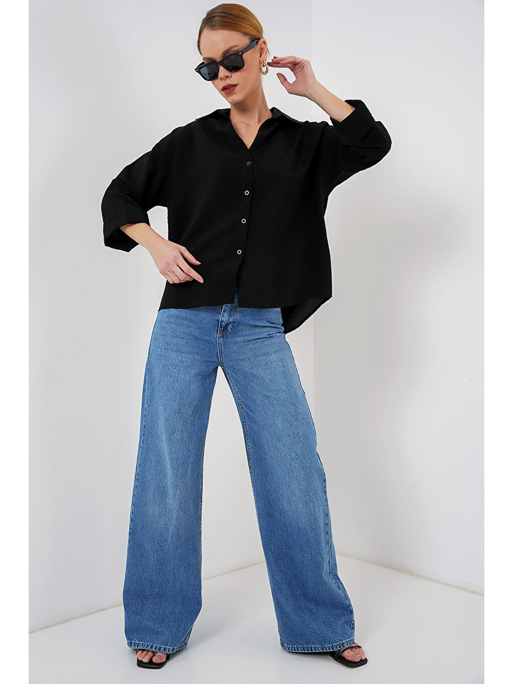 Kadın Oversize Kısa Kol Gömlek 20315 - Siyah-2