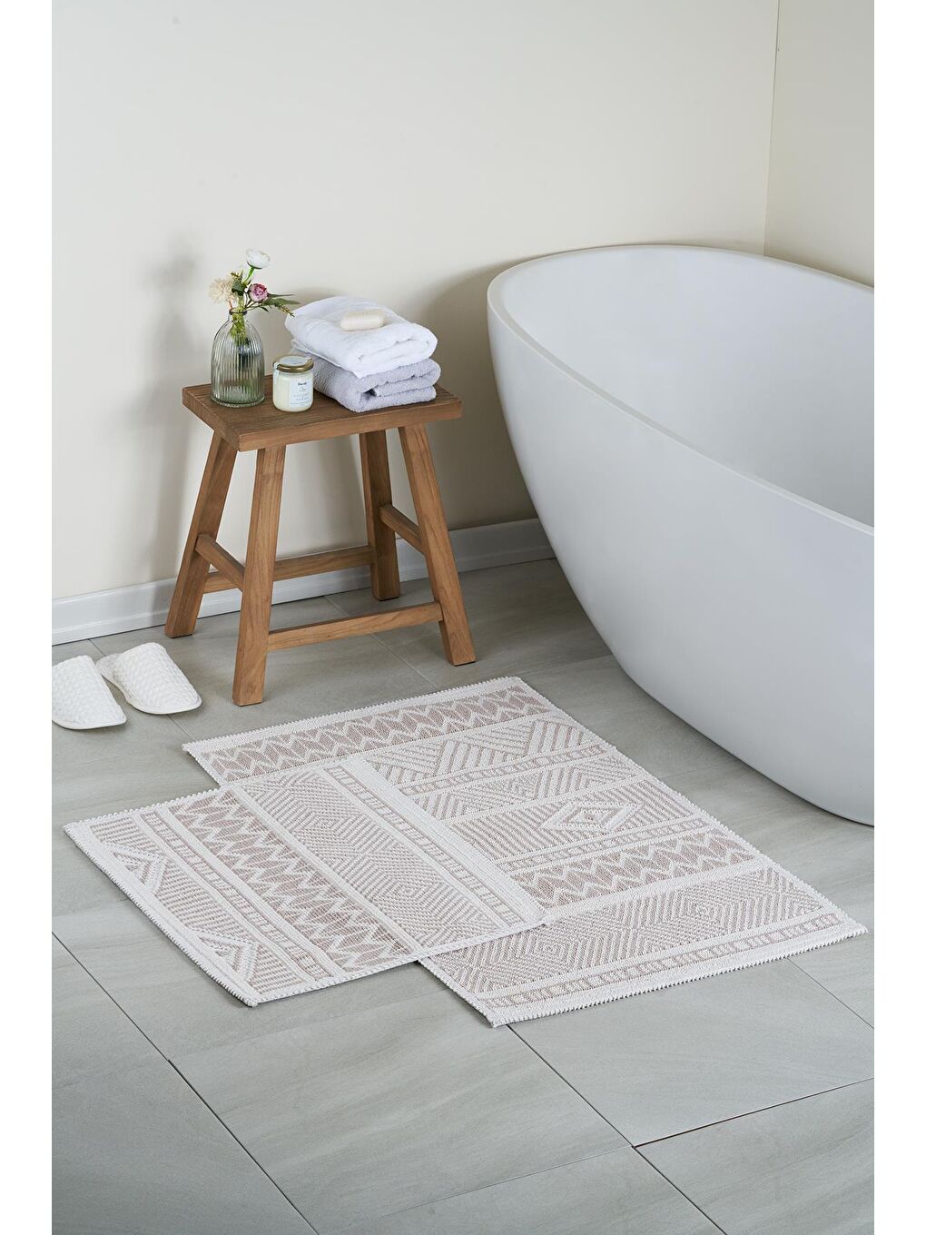 Marina Doğal Pamuklu 2'li Banyo Paspas Seti 60x100+50x60 Cm - Bej