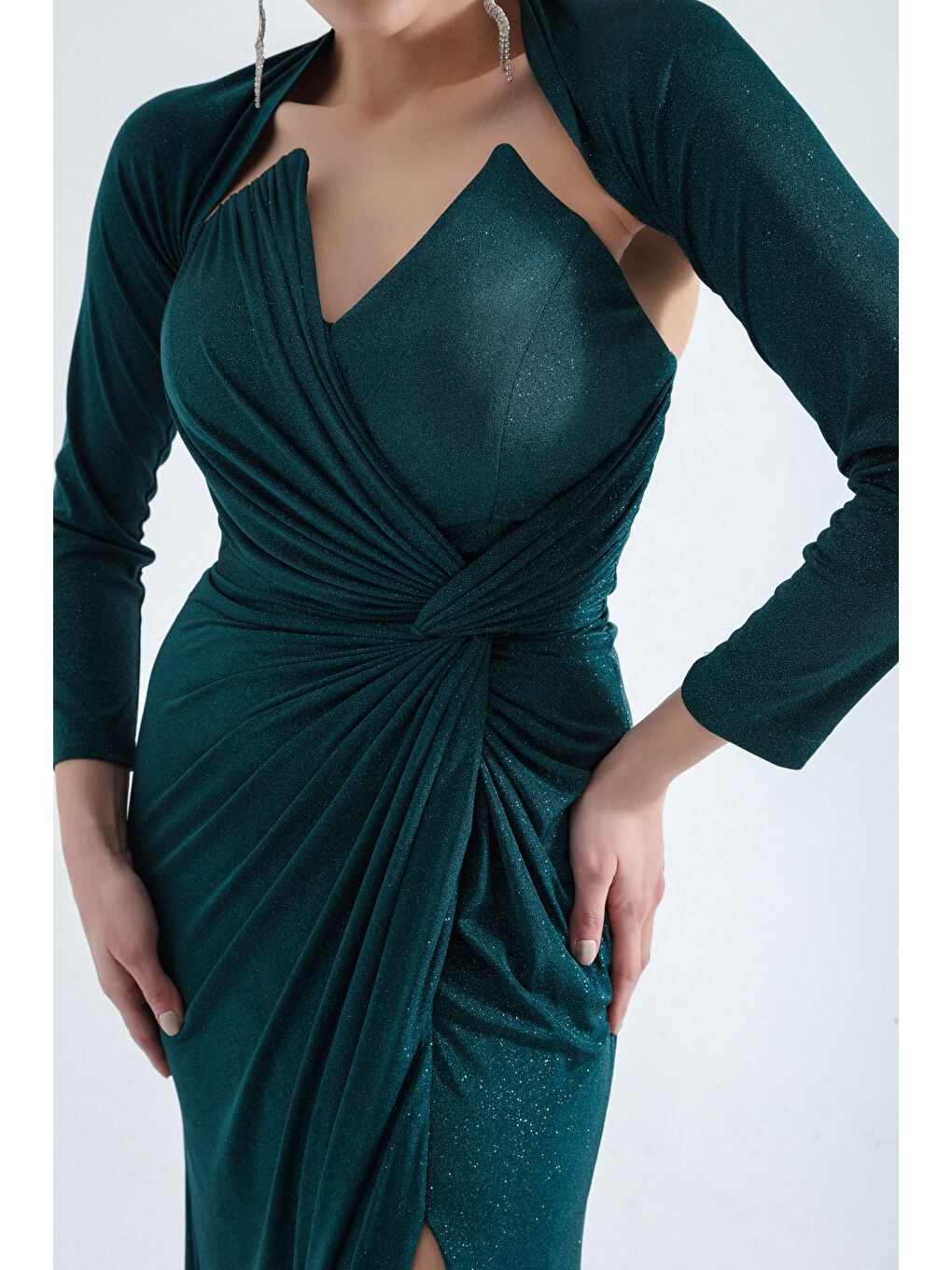 Kadın Zümrüt Yeşili Balen Korseli Simli Uzun Abiye Elbise-3