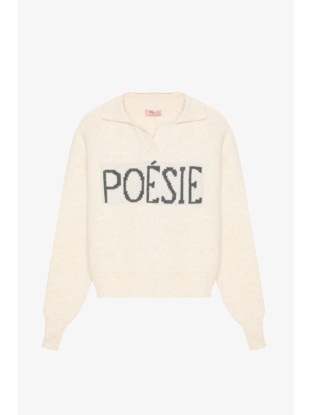 Yazı Desenli Polo Yaka Triko Kazak Ekru