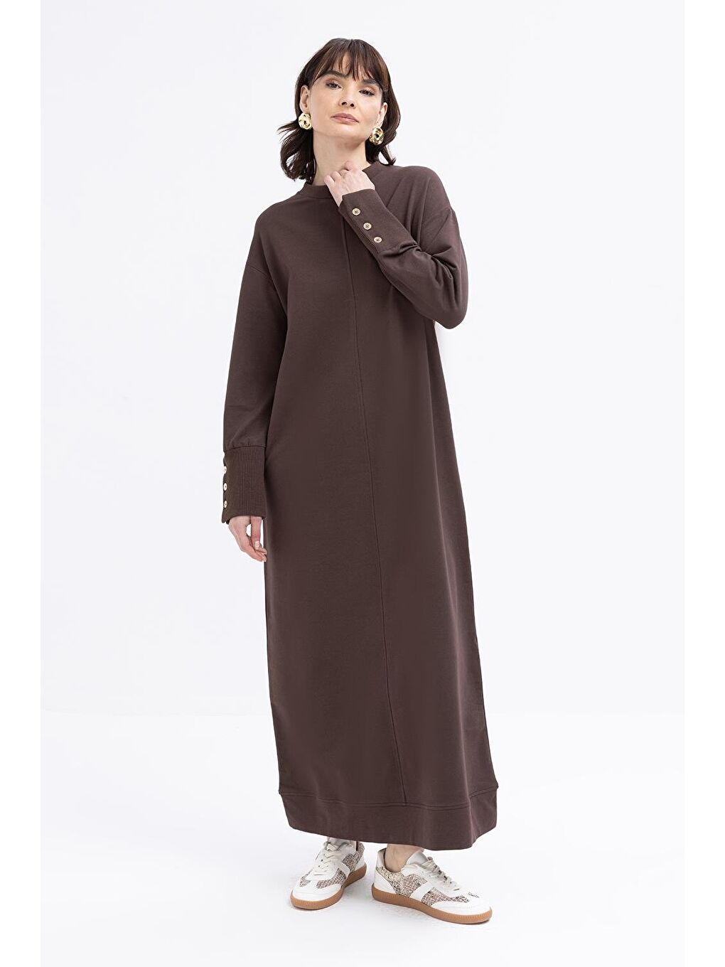 Kahverengi Kahve Manşeti Kalın Ribanalı Düğme Detaylı Elastanlı Elbise