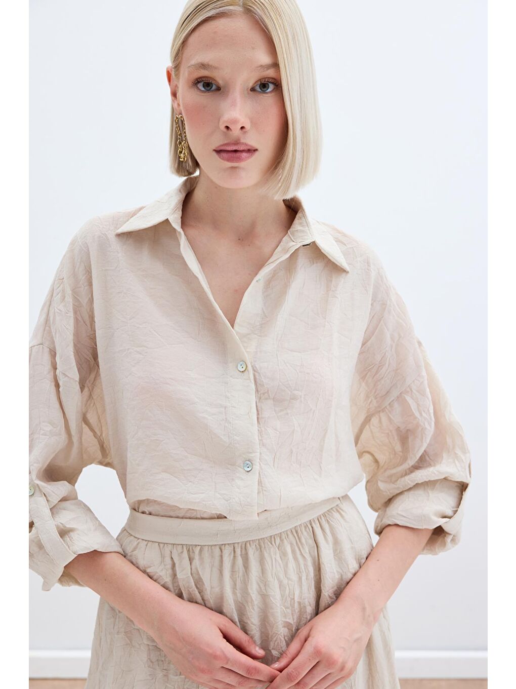 Kol Detaylı Salaş Gömlek - Bej-6