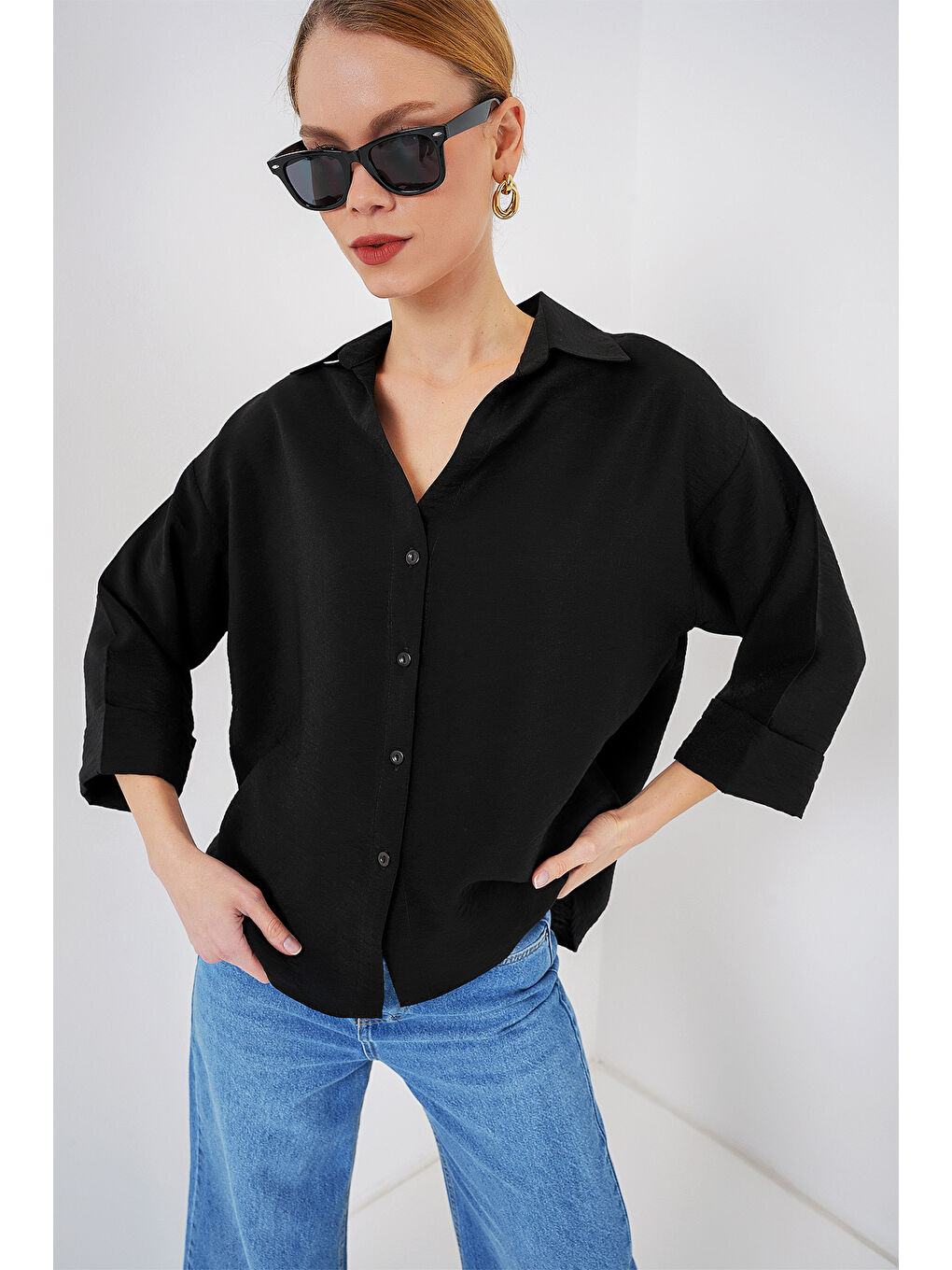Kadın Oversize Kısa Kol Gömlek 20315 - Siyah-3
