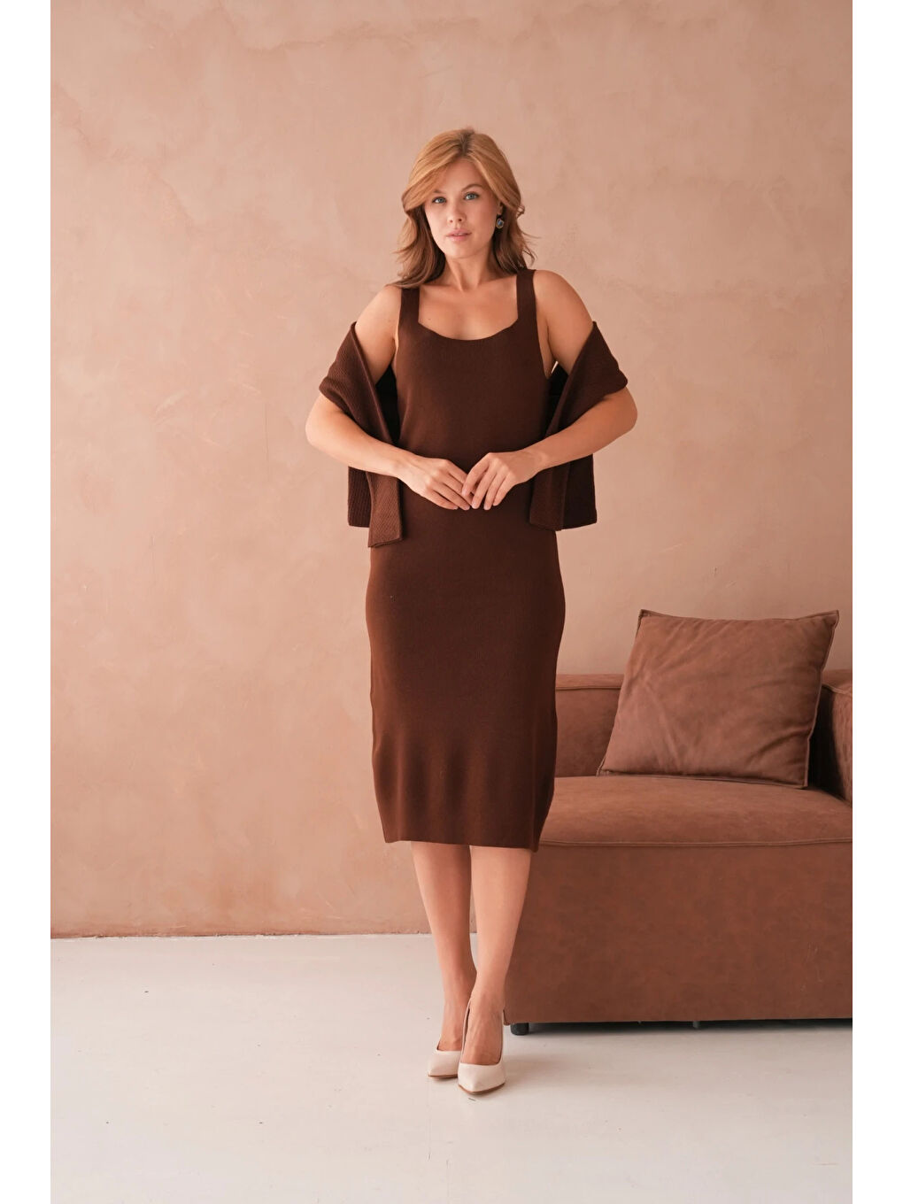 Kahverengi Kadın Bisiklet Yaka Düğme Detay Dokulu Ceket Elbise İkili Triko Takım-1