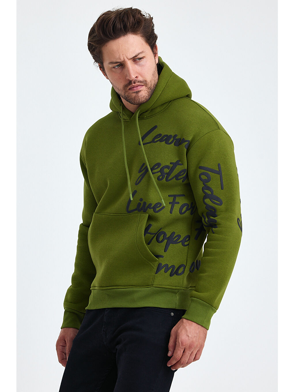 Tarz Cool Haki Erkek Today Yazı Baskılı 3 İplik Şardonlu Kapüşonlu Regular Sweatshirt - 4