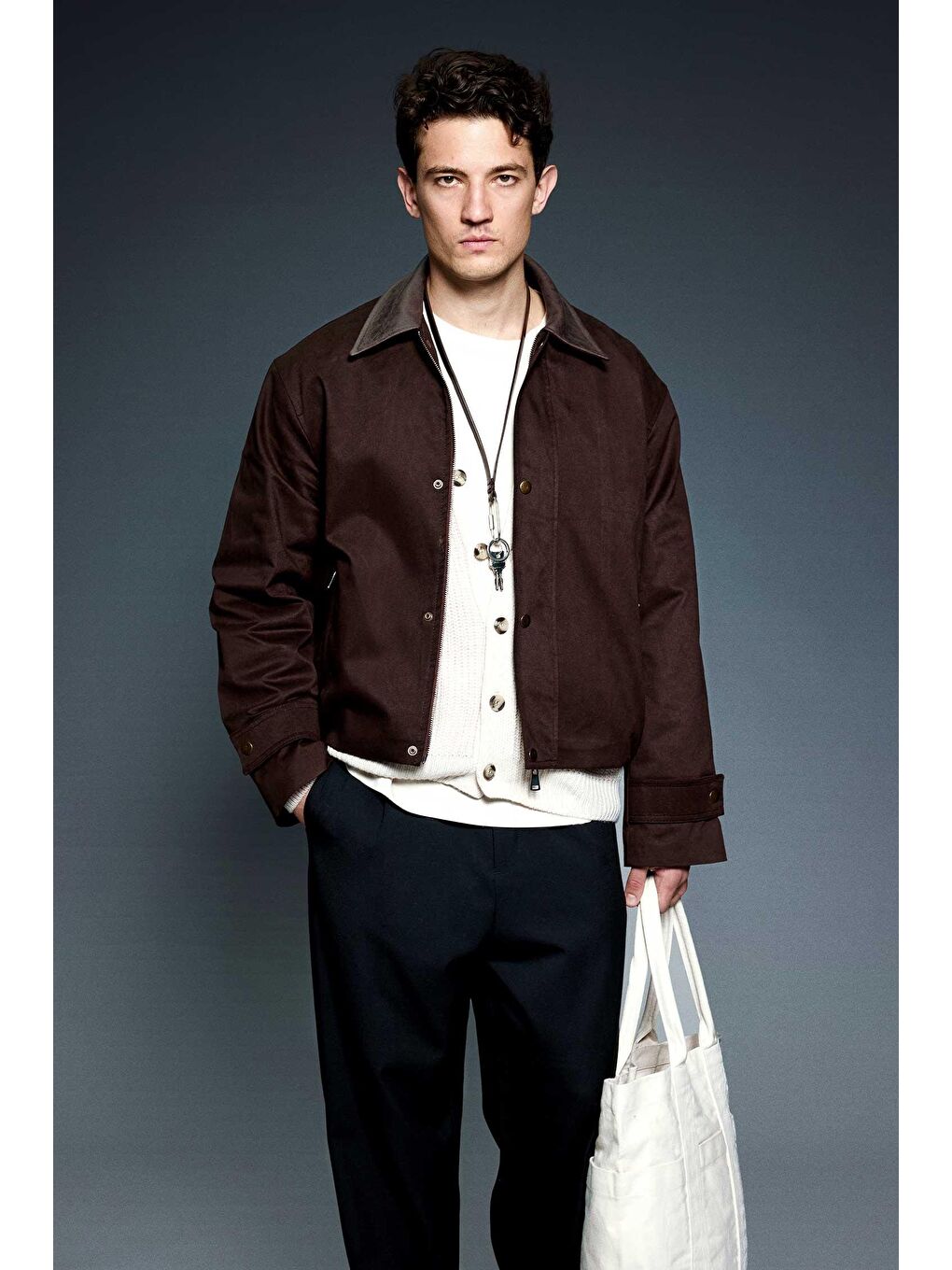 Erkek Boxy Fit Geniş Kesim Kontrast Yaka Premium Ceket Kahverengi-2