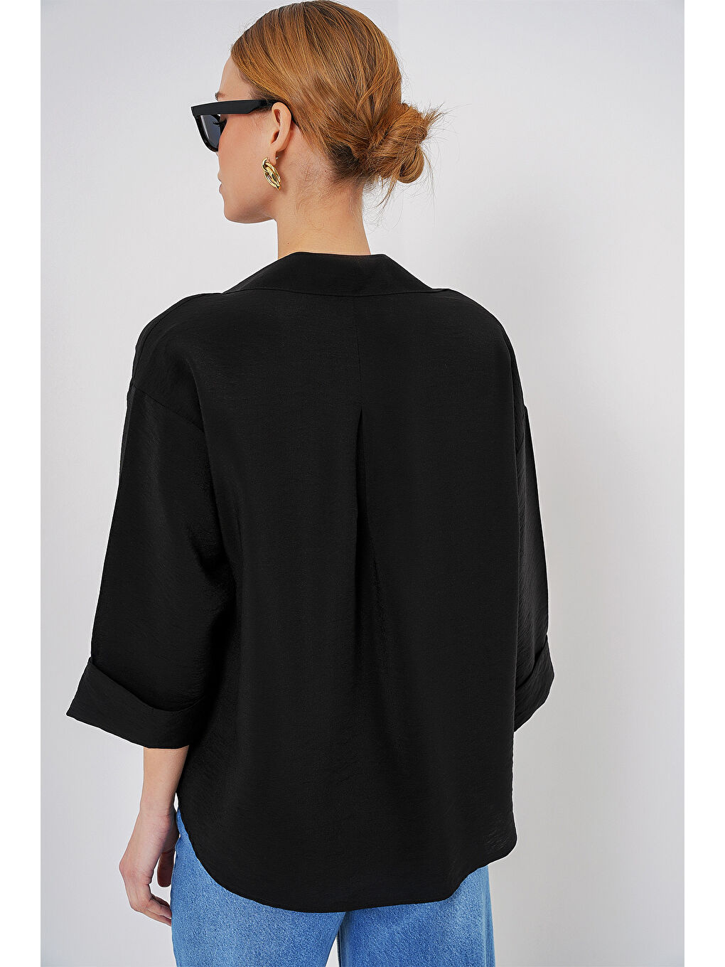 Kadın Oversize Kısa Kol Gömlek 20315 - Siyah-5