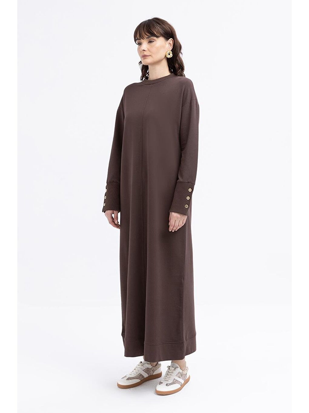 Kahverengi Kahve Manşeti Kalın Ribanalı Düğme Detaylı Elastanlı Elbise-2