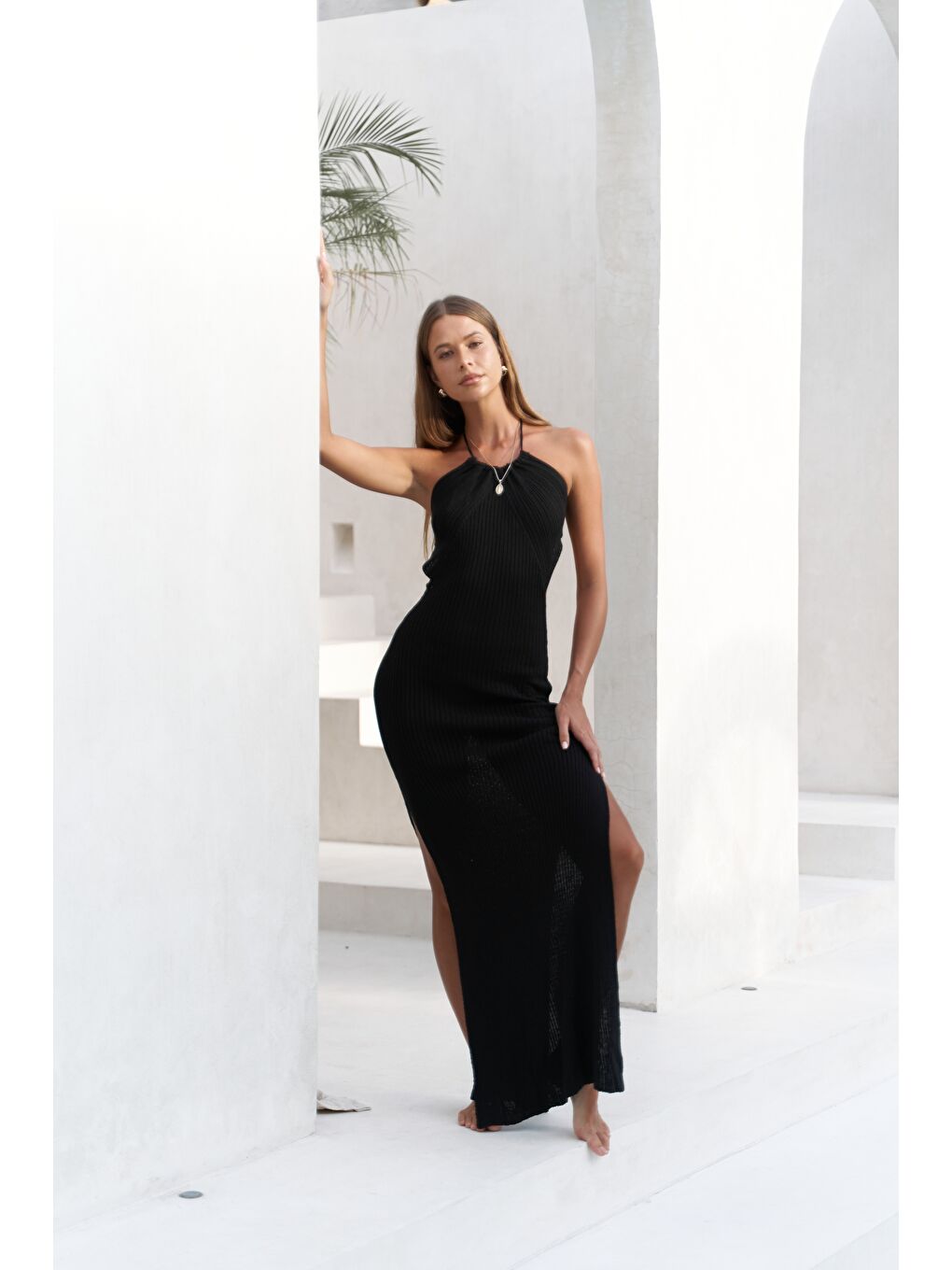 Salinas Bağcık Detay Siyah Triko Uzun Elbise
