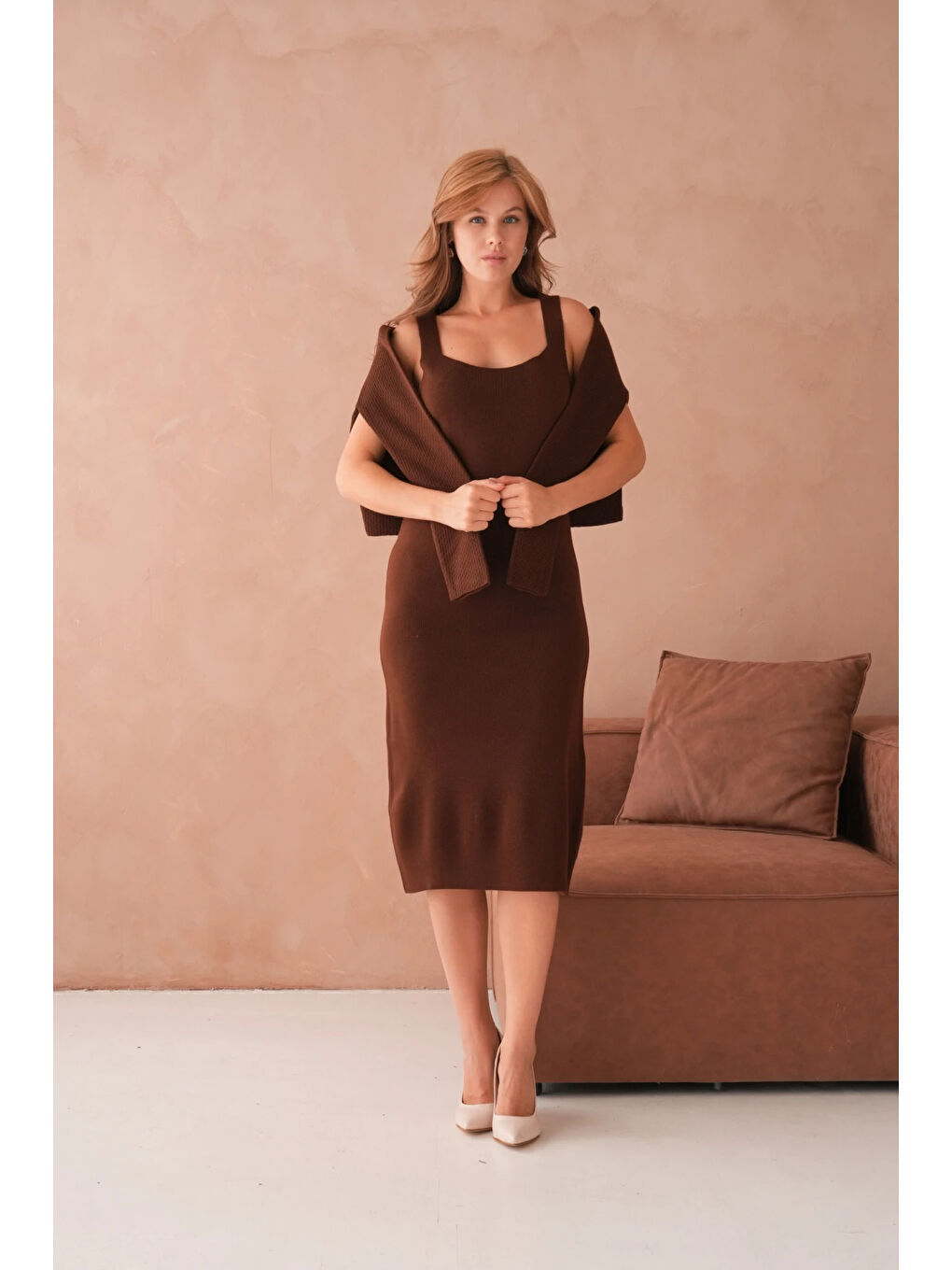 Kahverengi Kadın Bisiklet Yaka Düğme Detay Dokulu Ceket Elbise İkili Triko Takım-2