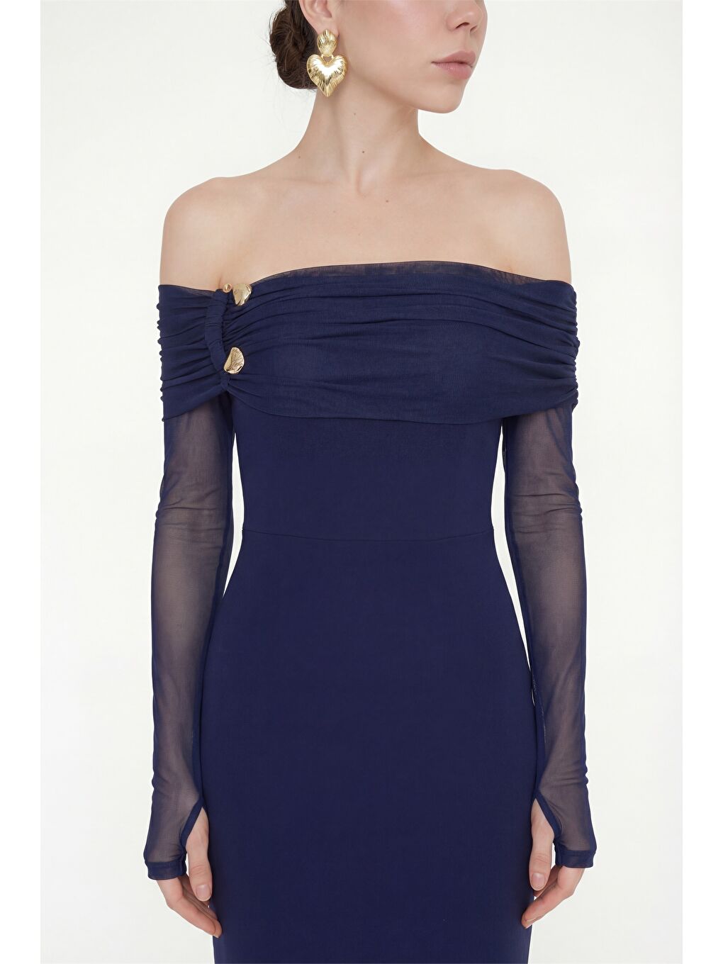 Kadın Lacivert Yakası Aksesuar Detay Maxi Elbise-2