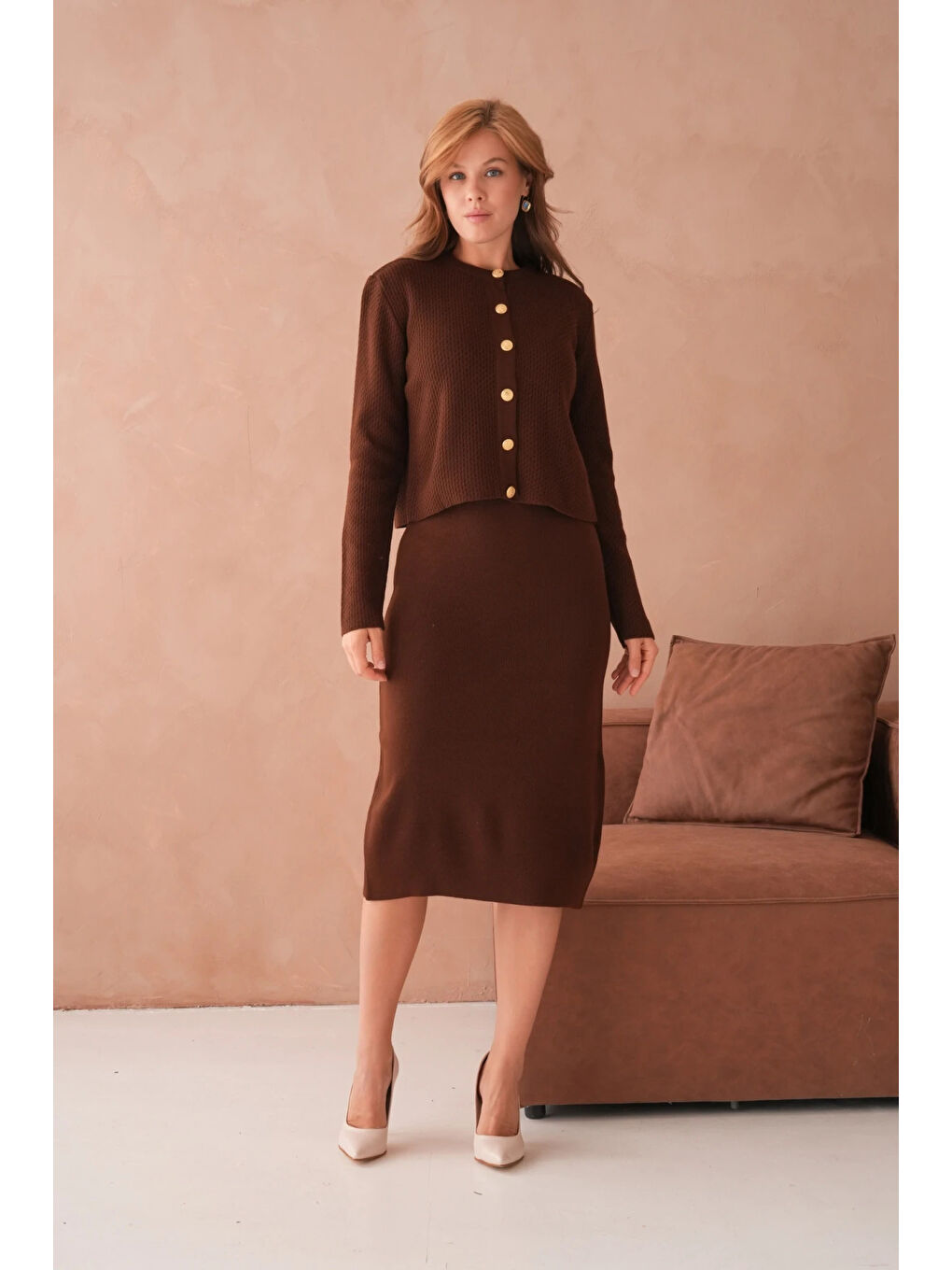 Kahverengi Kadın Bisiklet Yaka Düğme Detay Dokulu Ceket Elbise İkili Triko Takım-3