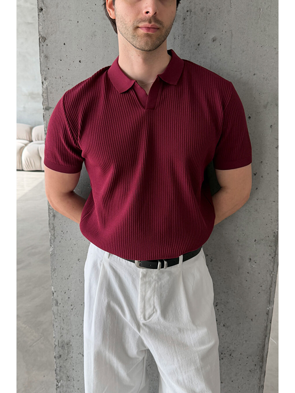 Bordo Erkek Petek Desen Polo Yaka Triko T-shirt