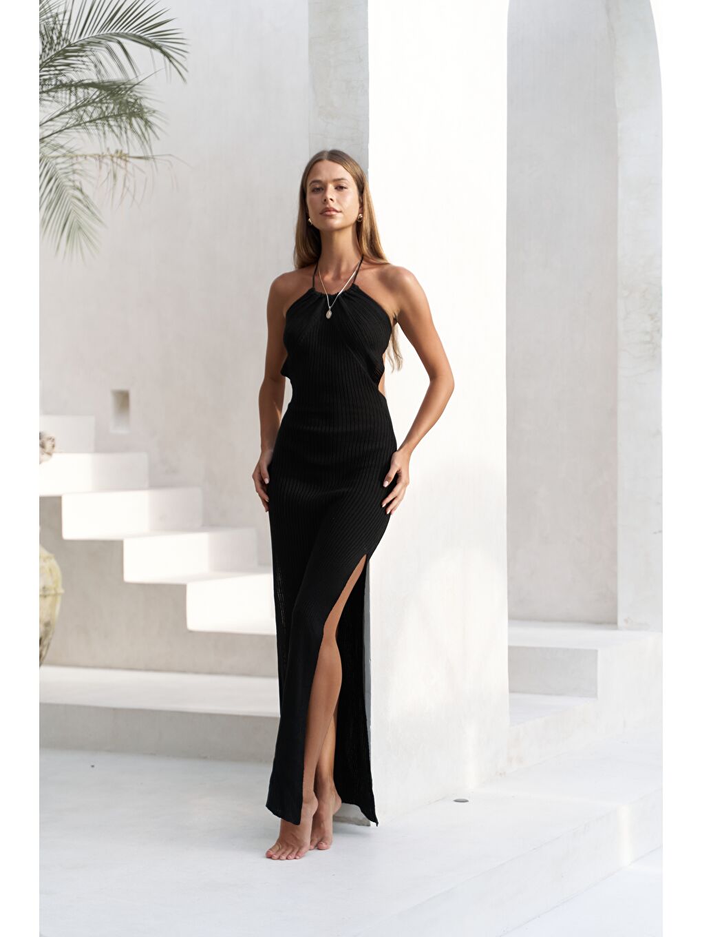 Salinas Bağcık Detay Siyah Triko Uzun Elbise-2