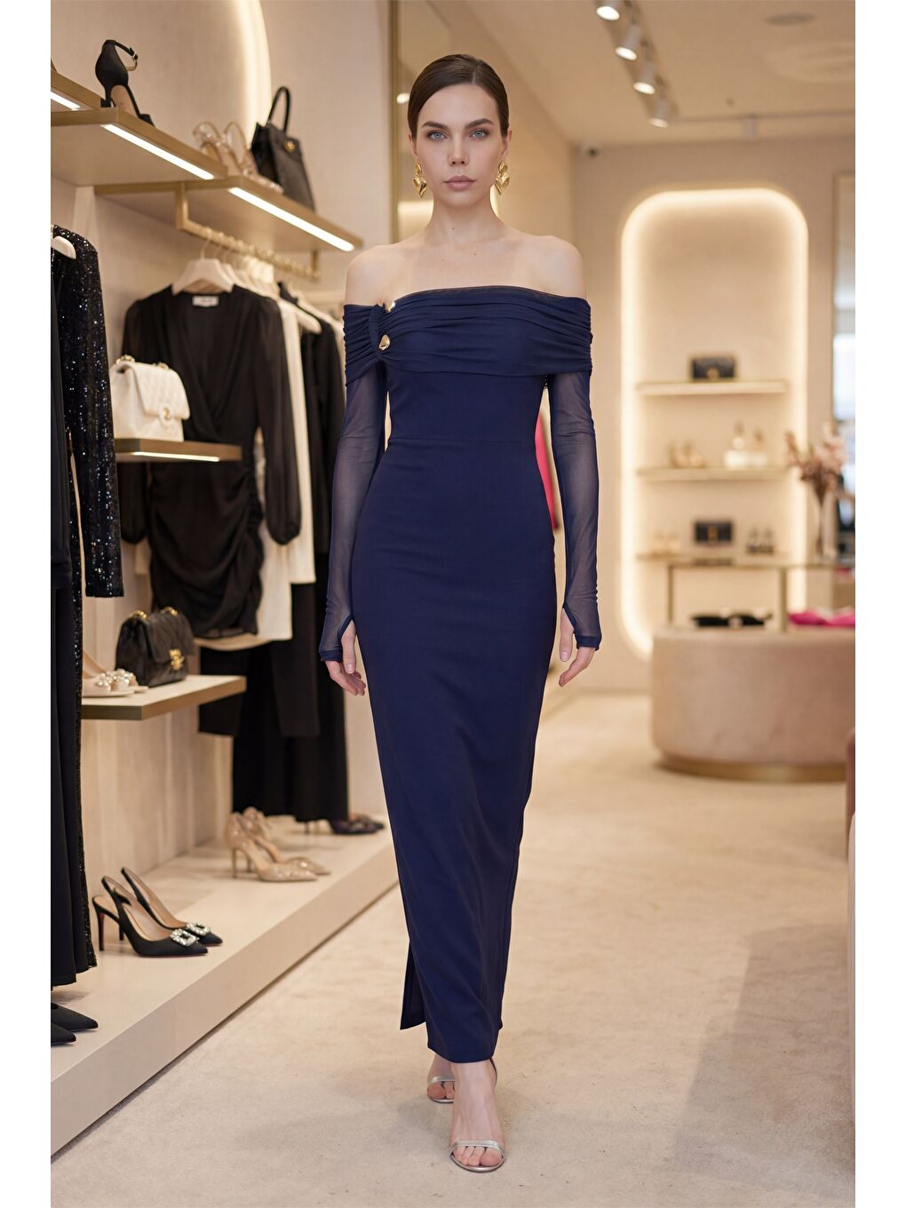 Kadın Lacivert Yakası Aksesuar Detay Maxi Elbise-3