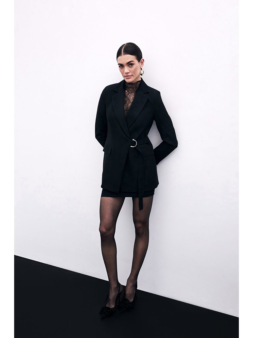 Kruvaze Yakalı Uzun Ceket - Siyah-1