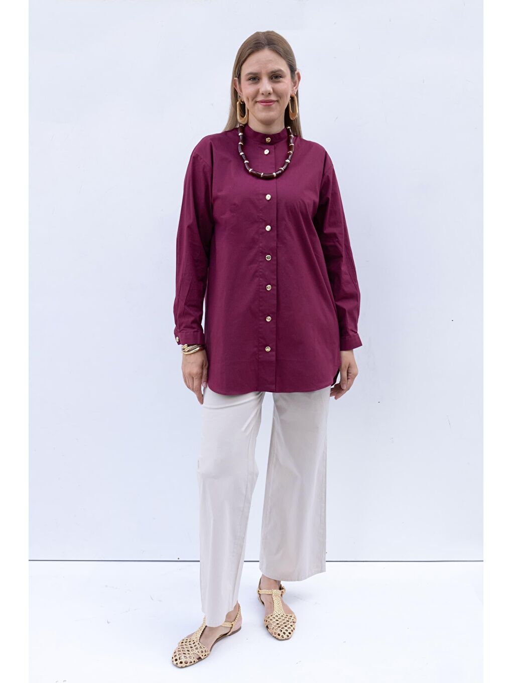 Kırmızı Vişne-Gold Dügmeli Pamuklu Poplin Gömlek