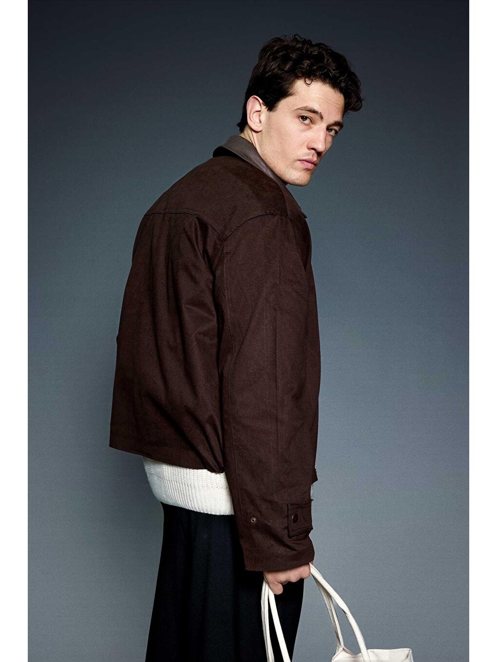 Erkek Boxy Fit Geniş Kesim Kontrast Yaka Premium Ceket Kahverengi-7