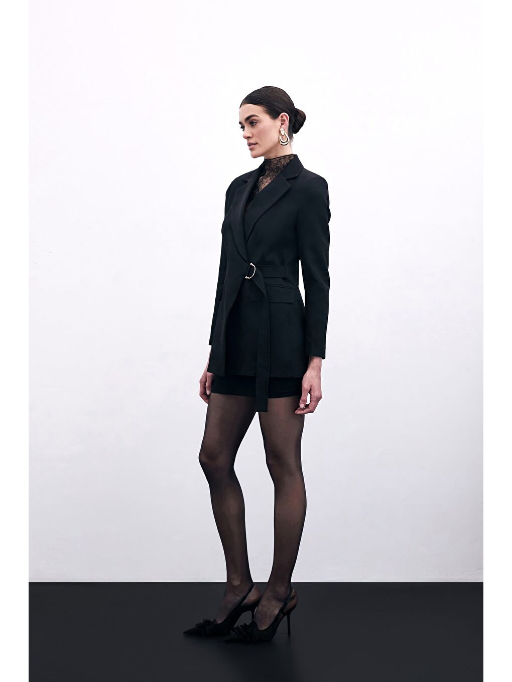 Kruvaze Yakalı Uzun Ceket - Siyah-2