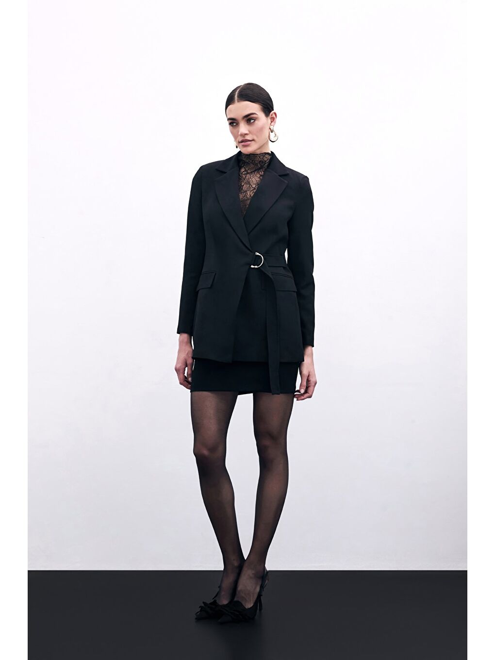 Kruvaze Yakalı Uzun Ceket - Siyah-3